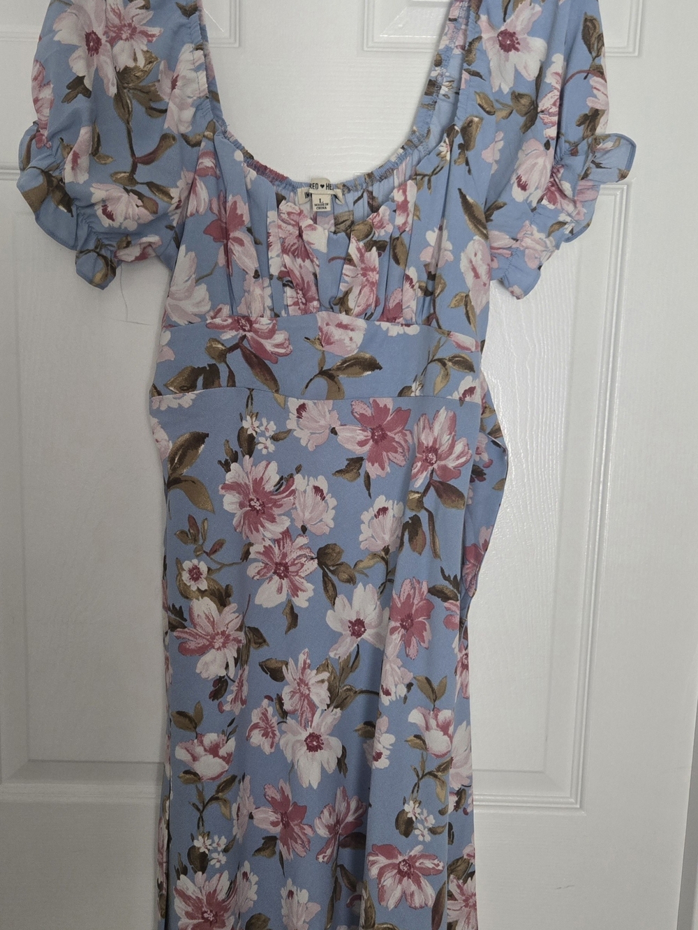 Light Blue Floral Square-Neck Midi Dress with Puff Sleeves
